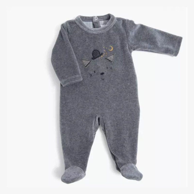 Pyjama gris en velours, motif tête de chat en taille 6 mois - Moulin Roty